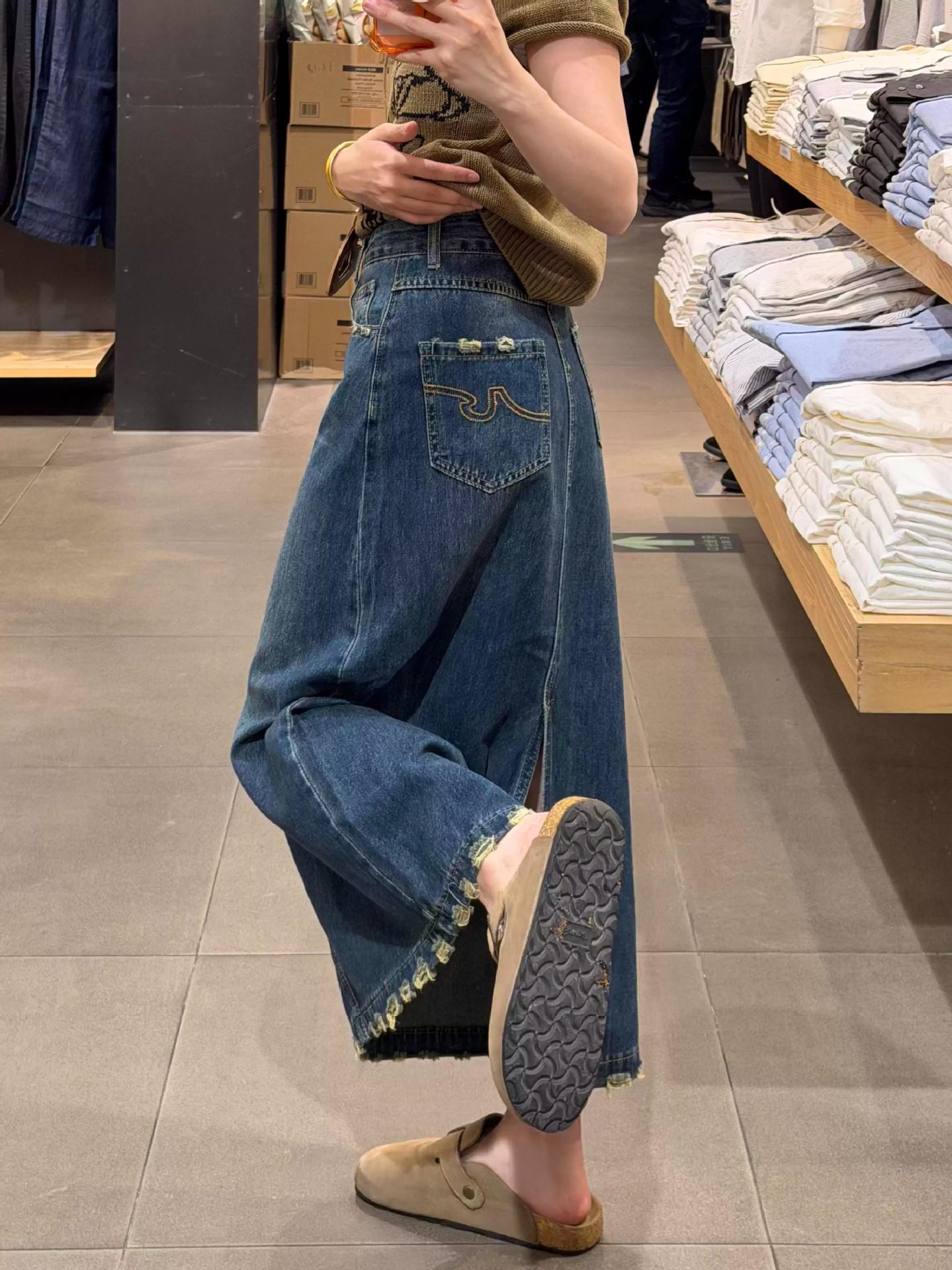 Women s High Waist Midi Denim Skirt A Line Loose Fit Lazy Style Fringe Split Hem Embroidered Pocket Casual Jean Skirt XS