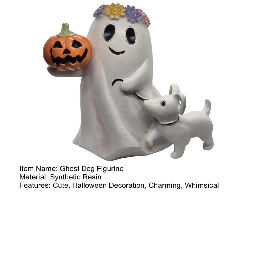 Halloween Puppy Decoration Ghost Dog Figurine Spooky Ghost Dog Halloween Decor Set Cute Resin Ghost Statue with Pumpkin