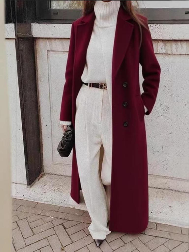 Women's Casual Long Pure Color Wool Coat - Autumn Winter Collection