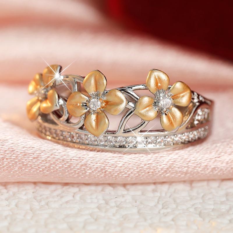 Vintage Inlaid White CZ Flower Women's Ring Trendy Two Color Geometry Daily Wear Party Jewelry Anniversary Gift