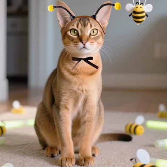 Bee Headwear with Antenna Ears Cat Dog Headpiece with Ear Holes Pet Headwear for Cats Small Dogs Bichon Festive Party Dress-up
