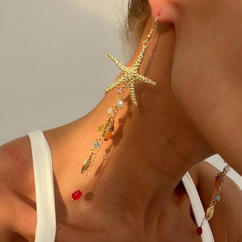 Boho Starfish Scallop Metal Long Tassel Earrings Women Summer Beach Vacation Gold Color Jellyfish Shiny Crystal Earrings