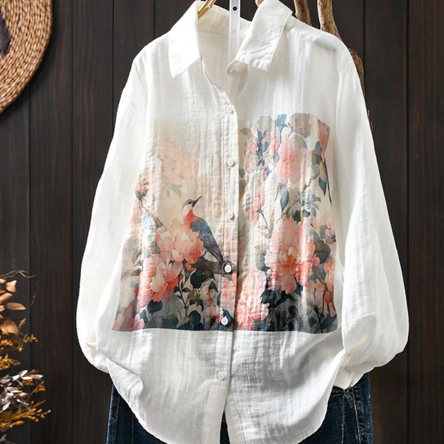 Primavera Otoño Top Blanco Camisas de Hilo de Algodón de Doble Capa Mujer Cuello de Solapa Manga Larga Blusas Estampadas