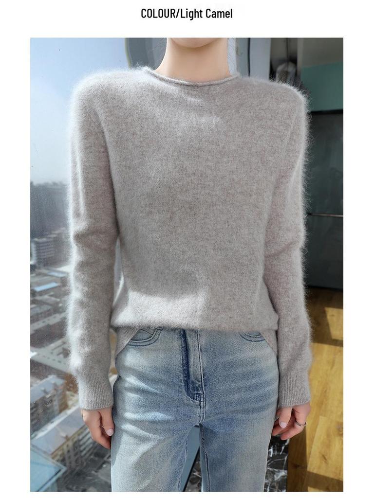 Sweter damski z kaszmiru norkowego 2025: Półwysoki dekolt, dzianinowy pulower z rolowanym brzegiem na wiosnę i jesień