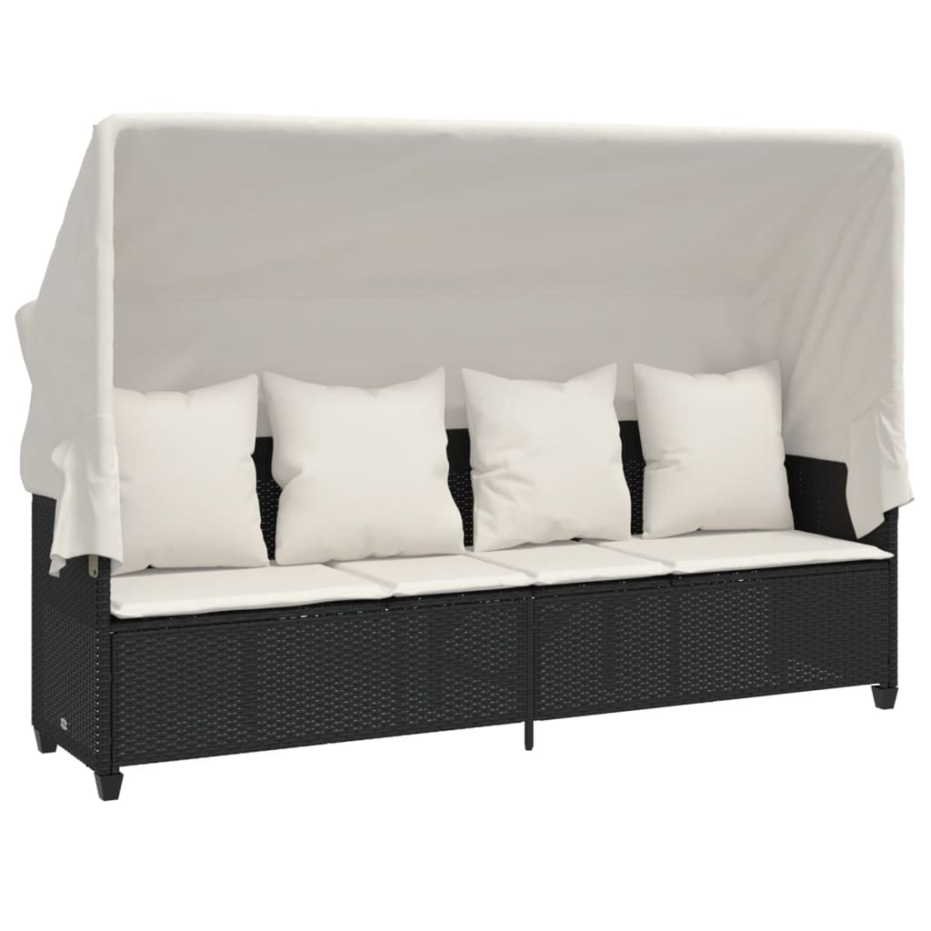 Sun Lounger with Canopy and Cushions Black Poly Rattan
