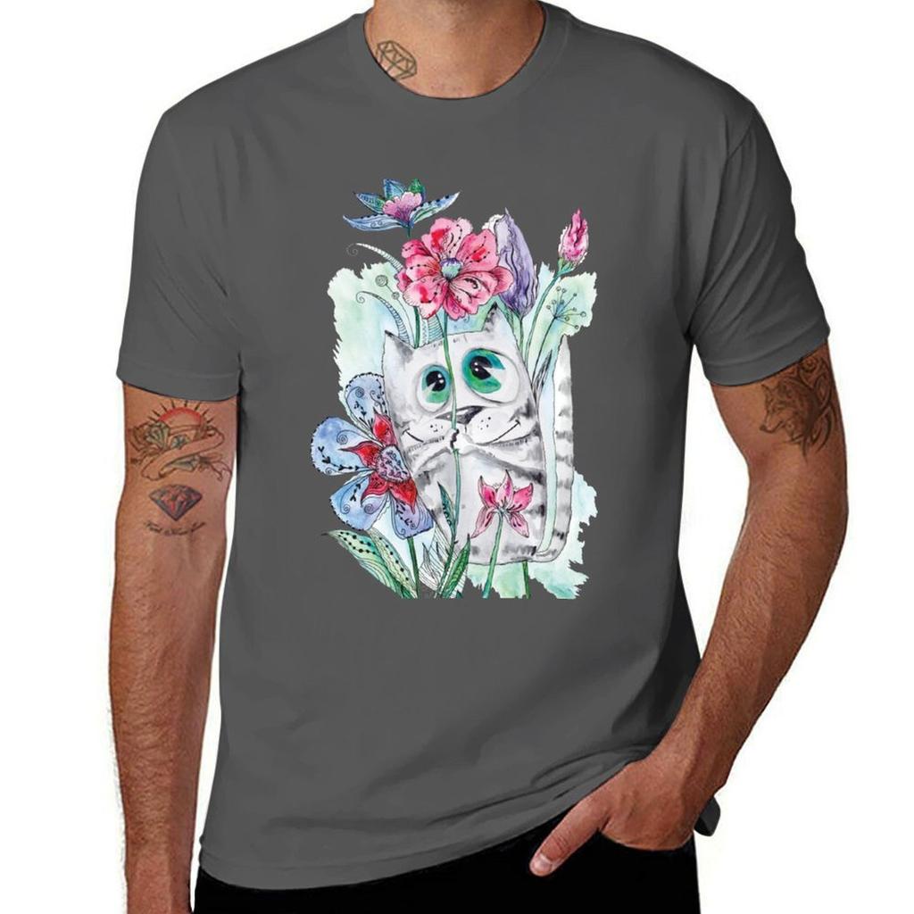 Funny Watercolor Cat with Flowers T-Shirt T Shirt for Man Man T Shirt Summer T-Shirt