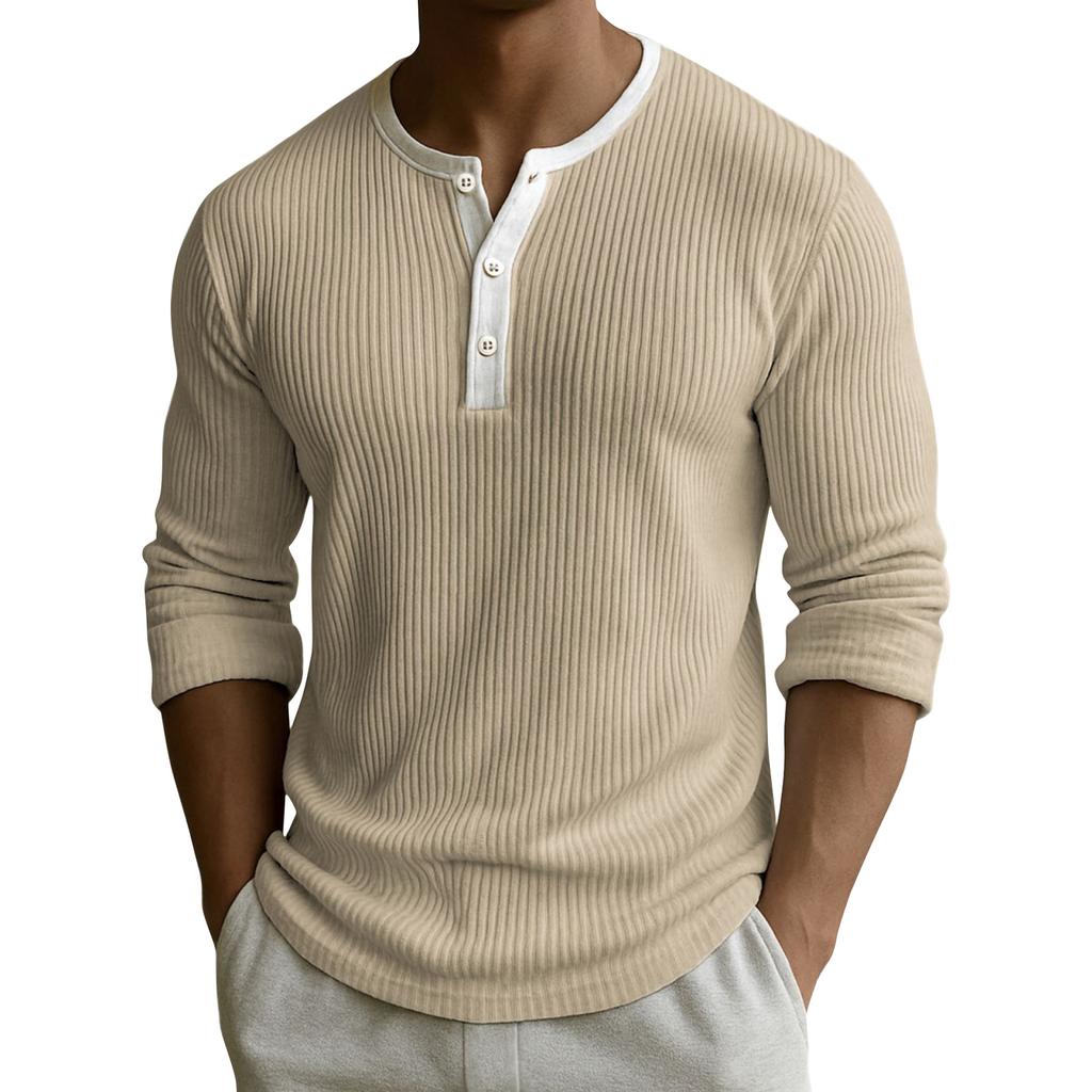 Men's Solid Color Ribbed Textured Button Down Round Neck Long Sleeved Top