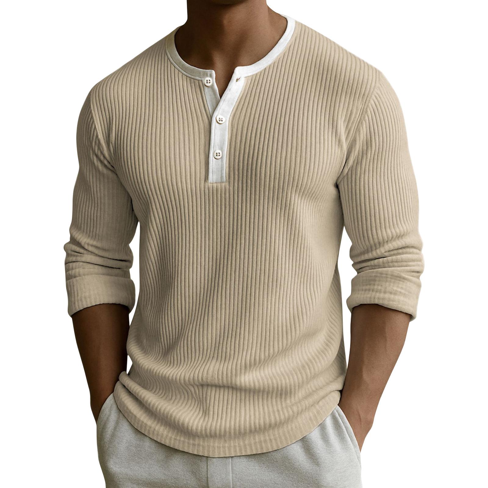 Master key Heren Effen Kleur Geribbelde Textuur Knopen Ronde Hals Lange Mouw Top XXXL kaki