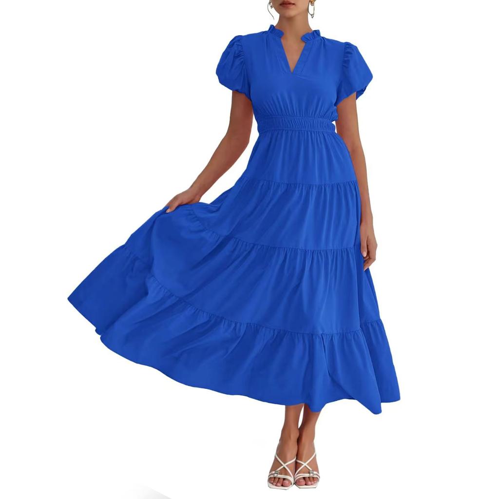 Women’s Casual V Neck Short Sleeve Tiered Maxi Dress with Puff Sleeves and Flowy Layered Skirt for Daily Wear