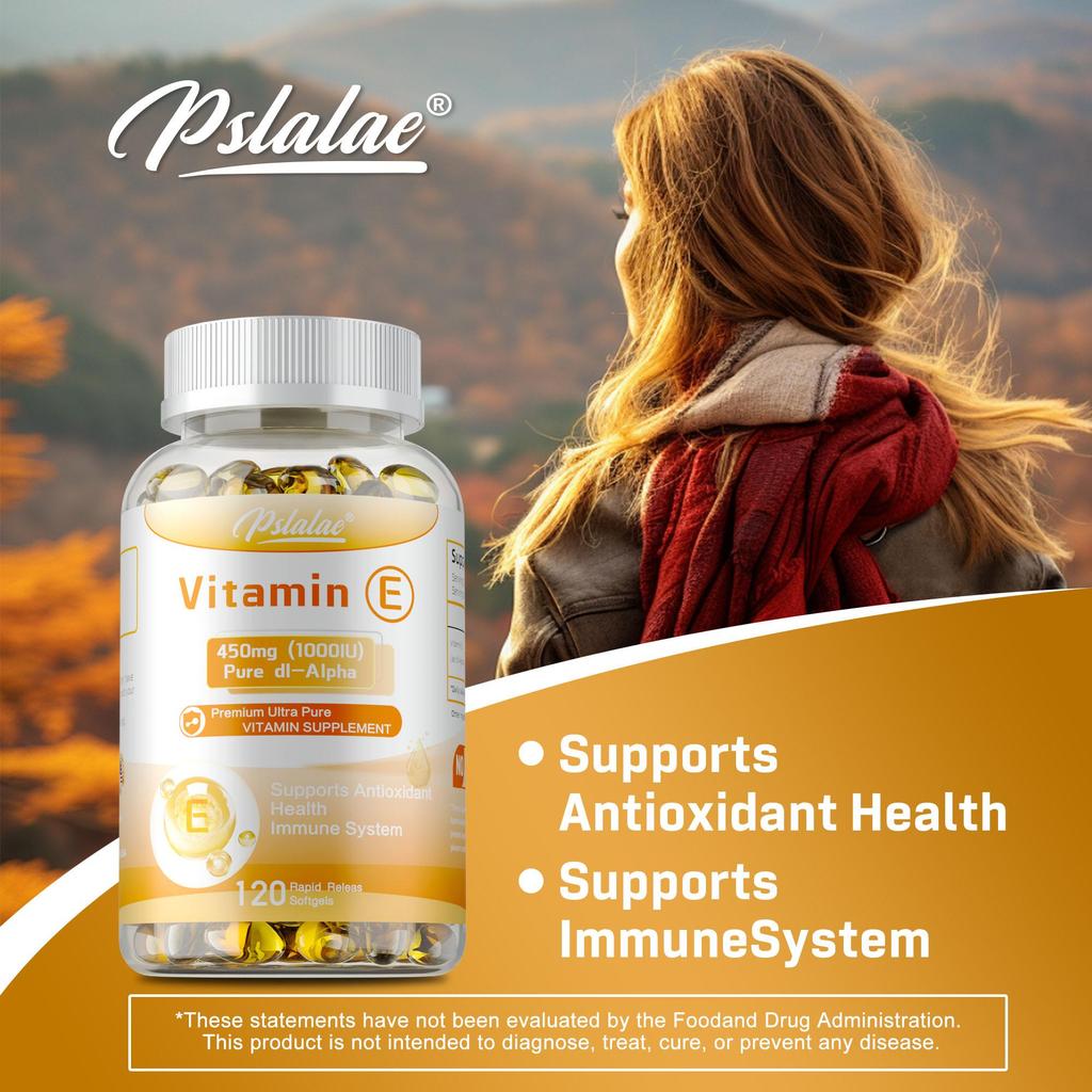 Vitamin E capsules - rich in calcium, magnesium, and multiple vitamins - promote skin health and immunity.