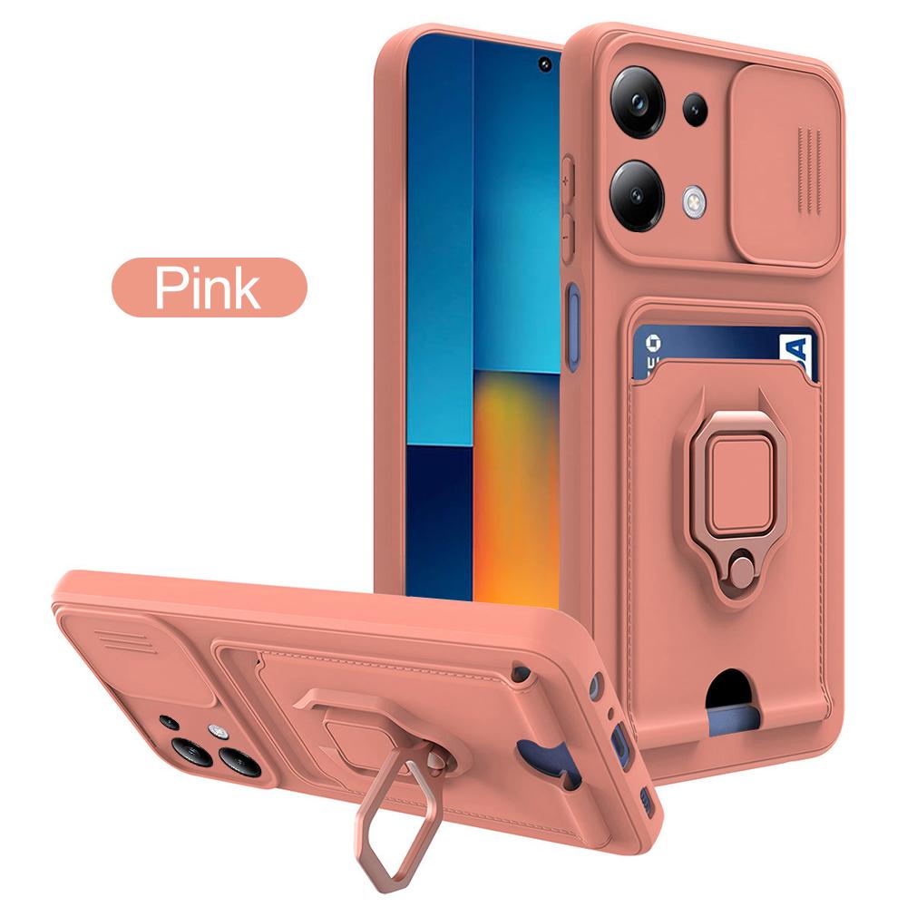 Slide Camera Lens Protection Case For Xiaomi Poco M6 Pro 4G Card Slot Stand Holder Magnetic Cover Coque PocoM6Pro Little M6Pro