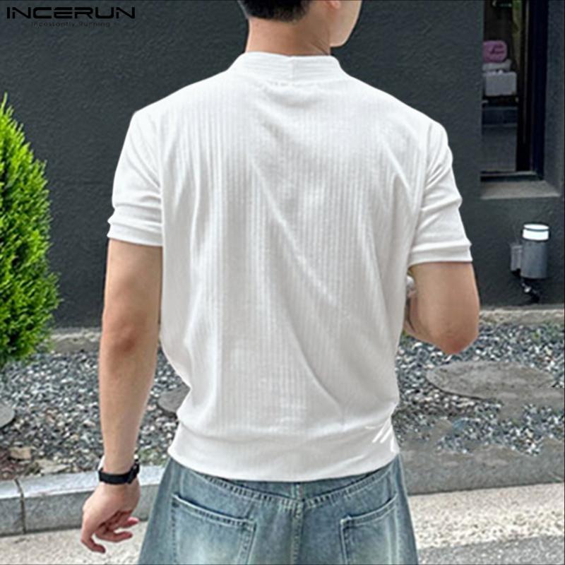 INCERUN Men Shirts Casual Collarless Short Sleeve Buttons Up Tops
