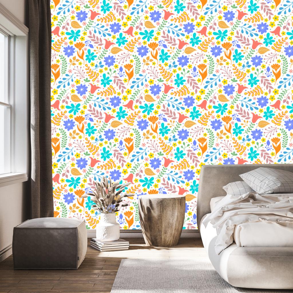 Wallpaper Flowers White, Cream, Blue and Coral for Living Room and Bedroom 50x1000