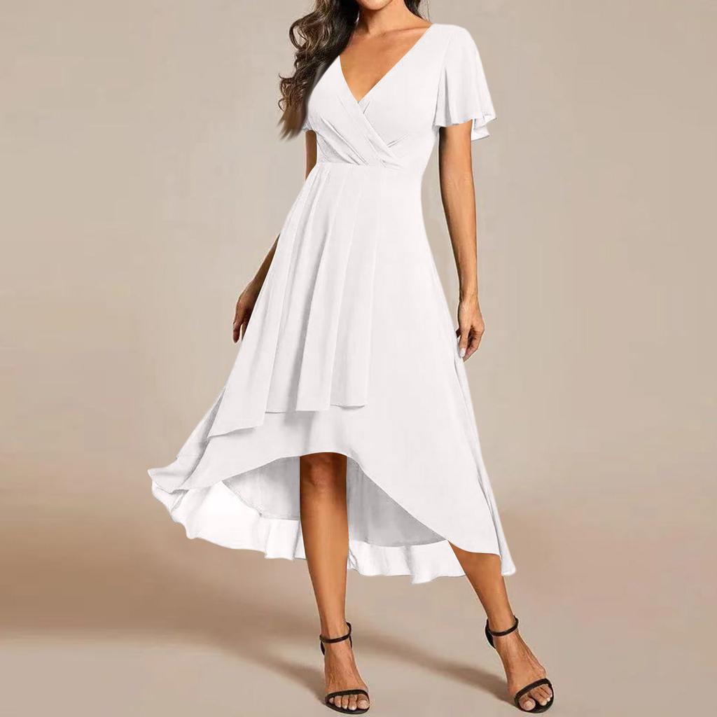 Women's Summer Dress Slim Fit Dress Color Chiffon V Neck Short Sleeved Dress