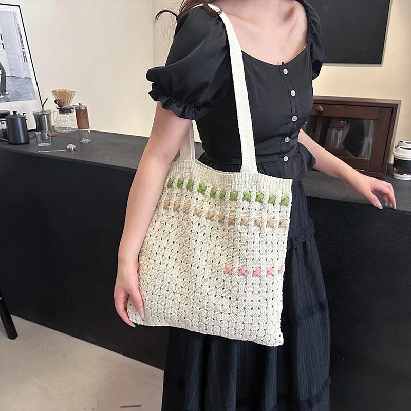 Women Crochet Shoulder Bag Large Capacity Bow Design Aesthetics Handbag Shopper Daily Shoulder Bag Casual Commuting Bag AVE