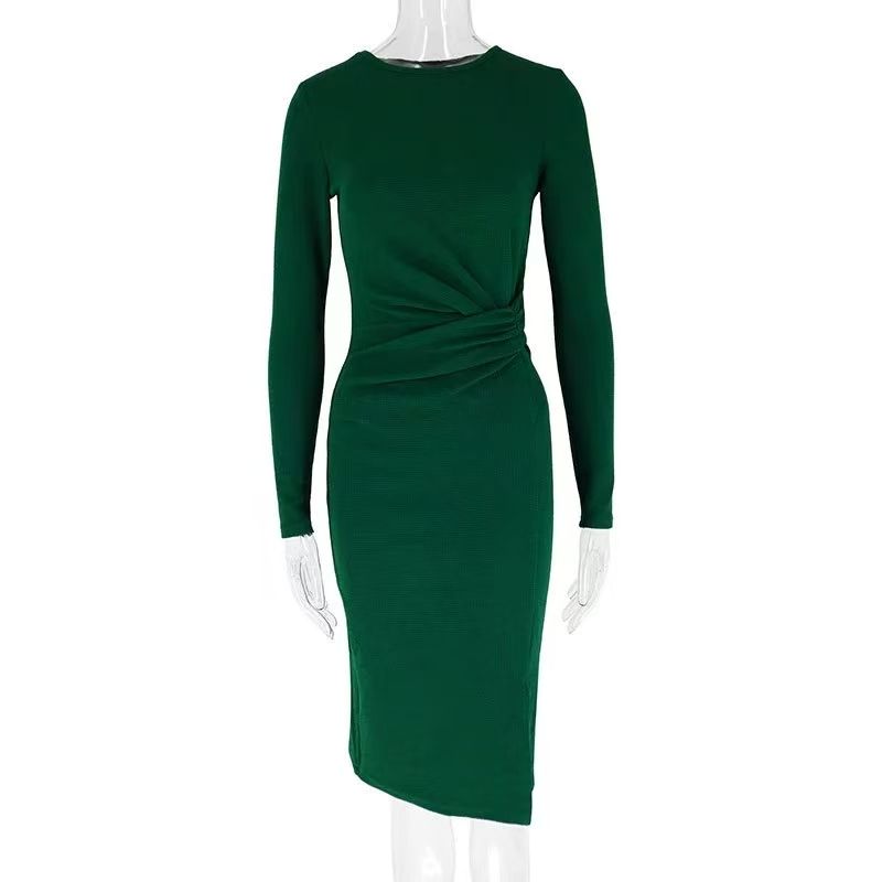 

Fashion Wind New Arrival Sexy Slim Long Sleeve Crew Neck Split Dress round Neck Slit Dress Green S