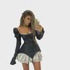 2023 Women's Black and White Ruffle Puff Sleeve Spliced Irregular Cake Skirt