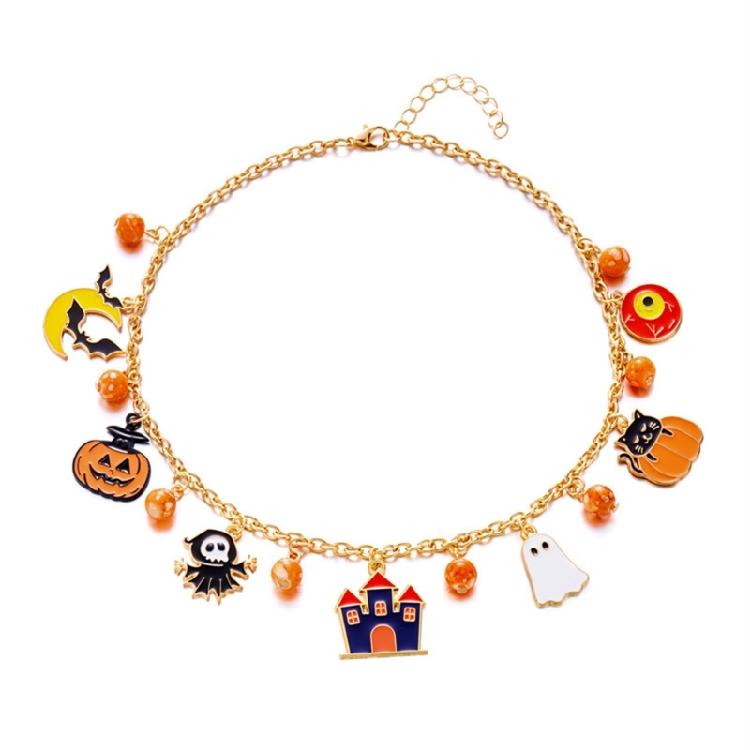 

Halloween Themed Necklace With Cats Pumpkin Pendant Comfortable Alloy Adjustable Party Jewelry