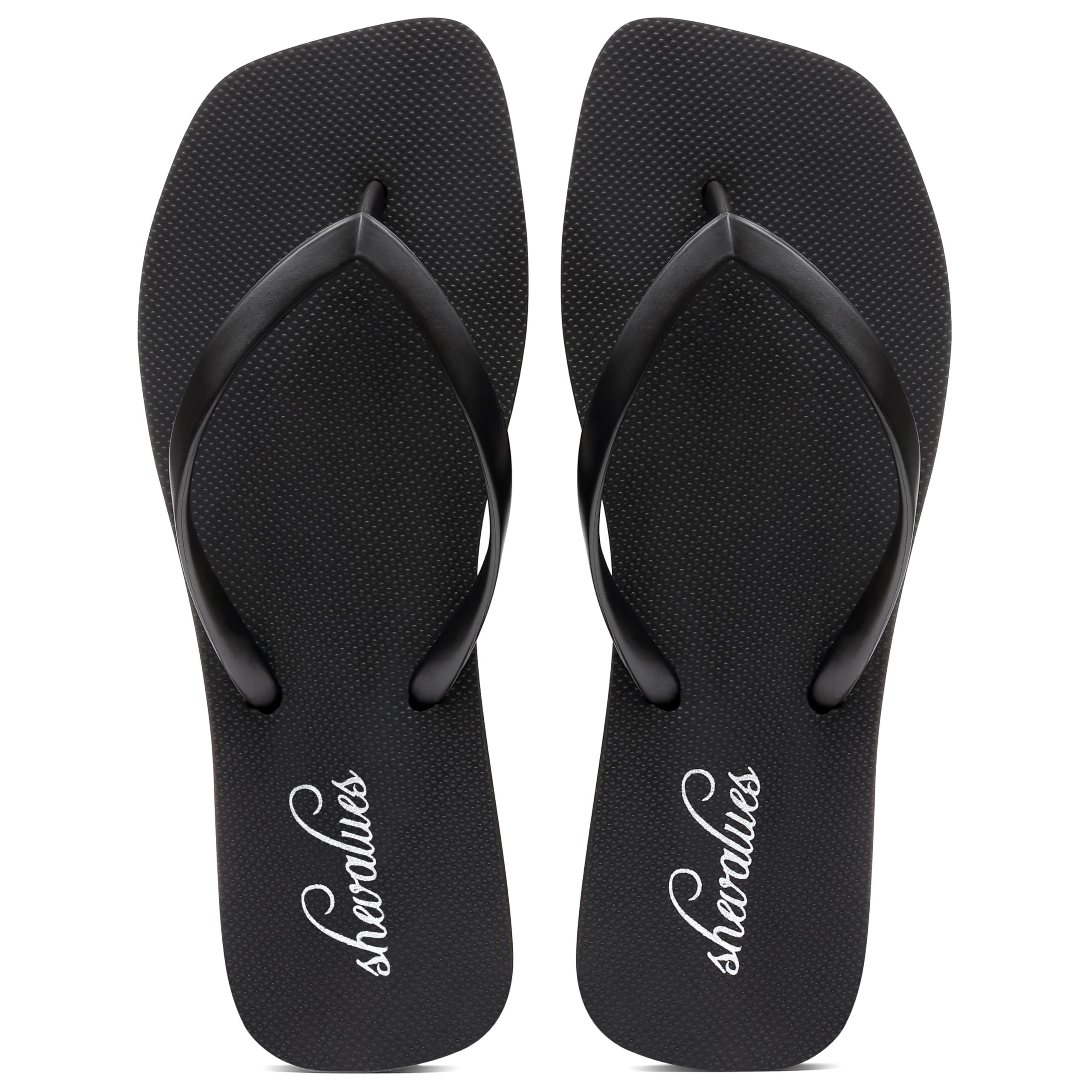 Eyriphy Dames Slimme Vierkante Teen Teenslippers Rubberen T-band Zomerse Strandschoenen Binnendouche Voetbedekking voor Vrouwen 39 black
