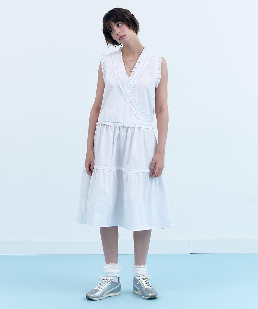 CLO'ET V-Neck Frill Sleeveless Dress - White
