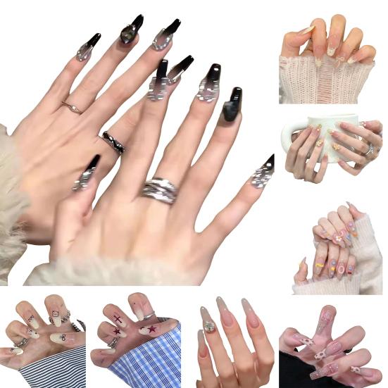 10Pcs 3D Flower Fake Nails Long Nail Extension Kit Wear Armor Reusable Easy to Remove Time-Saving Press on Nails for Home Salon