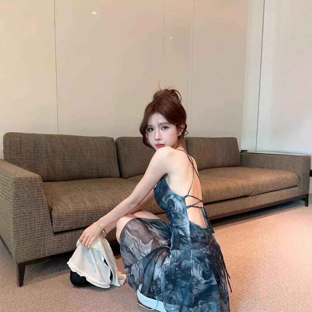 Summer Suspender Dress Women's Outer Wear Thin Versatile Short Skirt Pure Lust Hot Girl Cross Backless Irregular Skirt