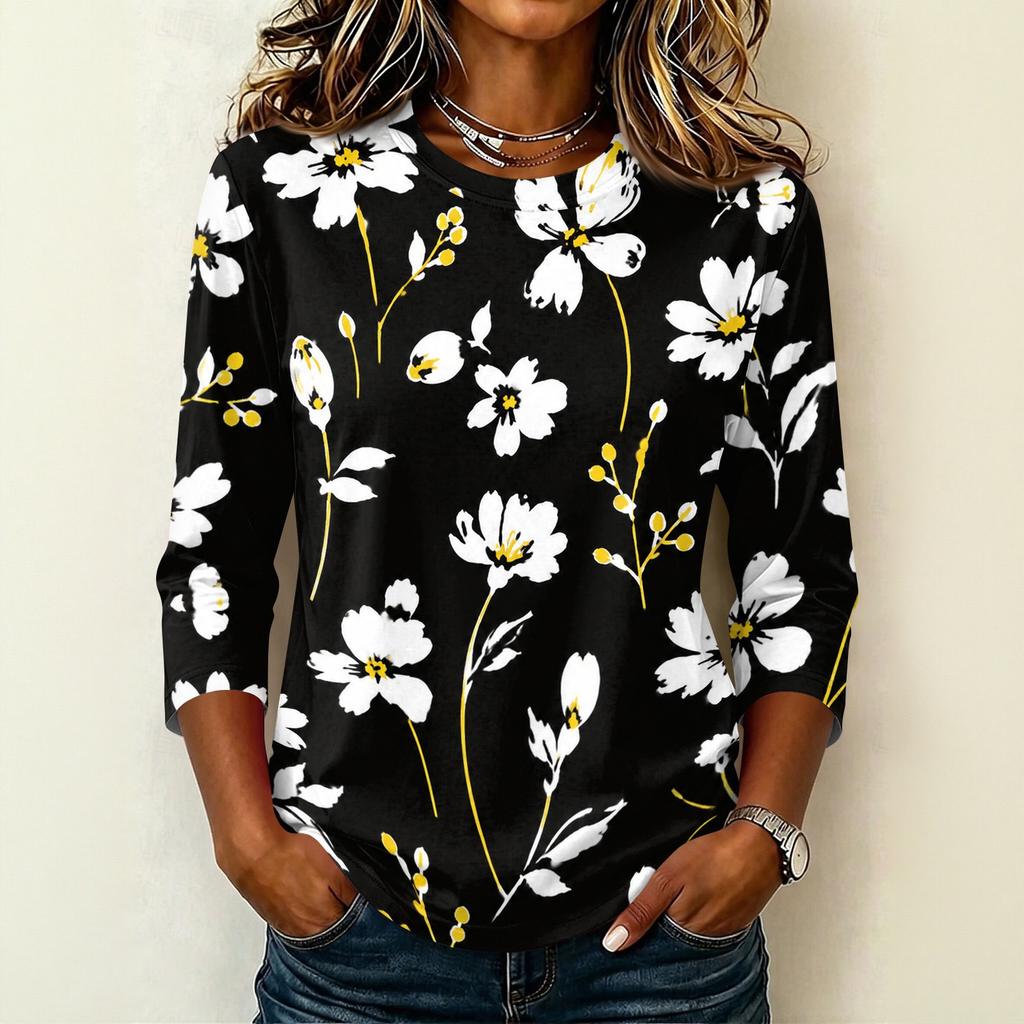 Camiseta Informal para Mujer con Cuello Redondo, Manga Tres Cuartos, Estampado Floral, para Uso Diario, Tejido Ligero y Suave, Diseño de Corte Holgado
