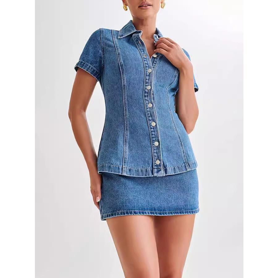 IHUASU Women's Modern Style Denim Short-sleeved Button High-waisted Short Skirt Set