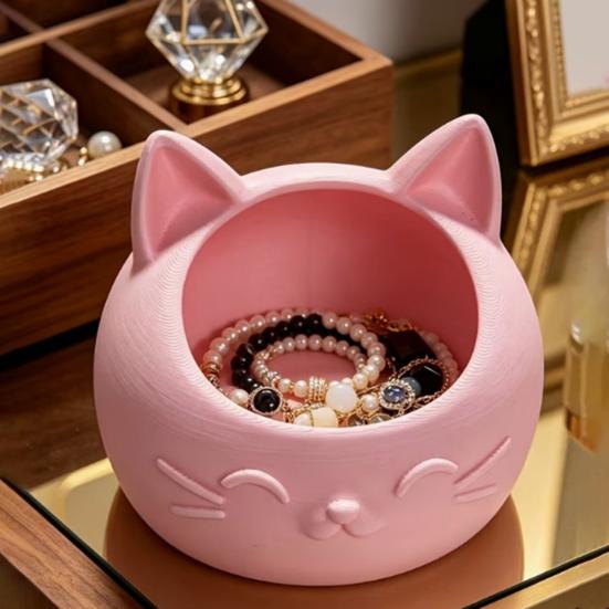 3D Printed Cat Head Pen Holder, Cute Desktop Storage Container, Wide Mouth Sundries Container for Keys Pens Makeup Brush Bracelets Rings