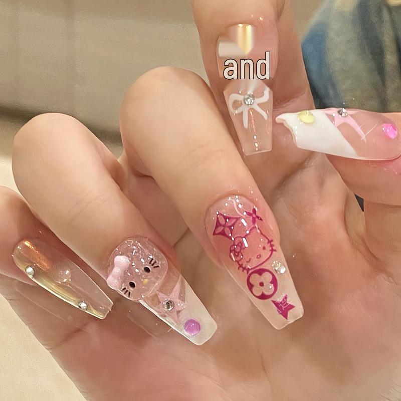 Hello Kitty Cartoon Nail Art Stickers - Long Ladder French Design for Manicures