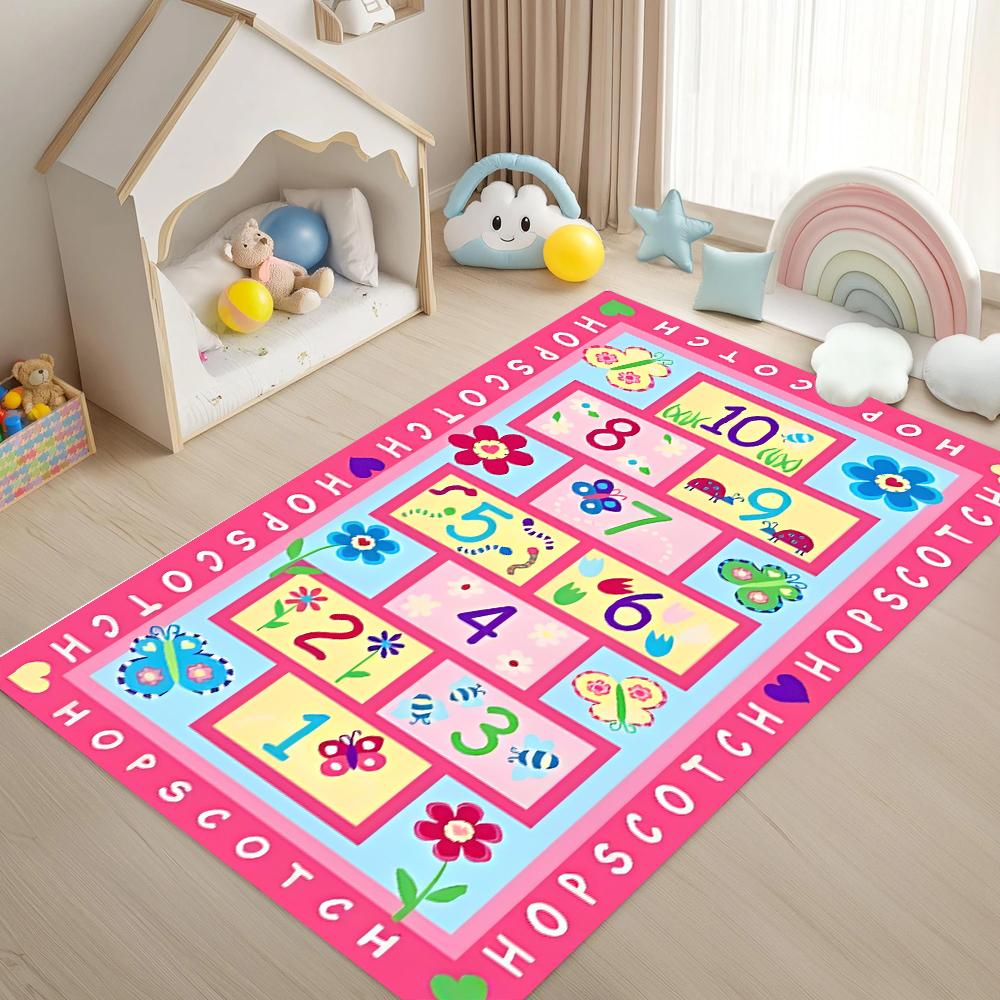 Hopscotch Numbers Play Mat Educational Counting Carpet Non-Slip Kids Rug for Nursery Playroom Girls Bedroom Home Decoration