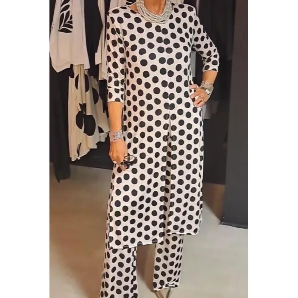 New Trendy Round-neck Long-sleeved Split Polka Dot Long Pants Casual Suit for Women