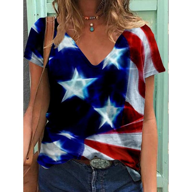 Sommer Damen 3D Digital bedrucktes V-Ausschnitt Kurzarm T-Shirt