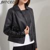 BITCED Fashion Knitted Leather Jacket for Women with Straps Trendy Clothing Casual Jacket