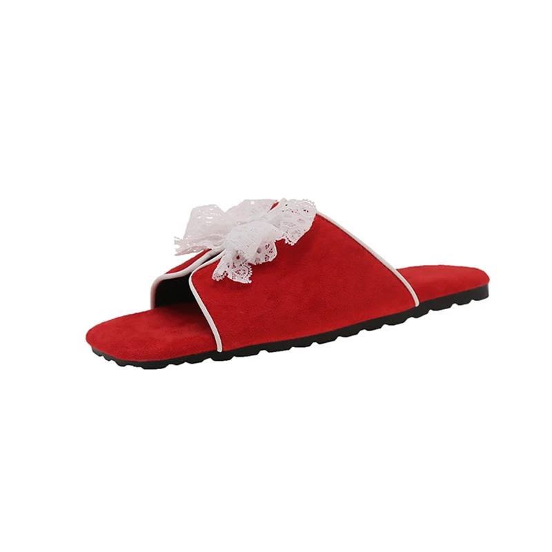 

Fashion Women s Fashion Slippers Square Toe Flat Sole Lace Bow Flannel Shoes Women Dress Outdoor Korean Style Summer Zapatillas De Mujer 35
