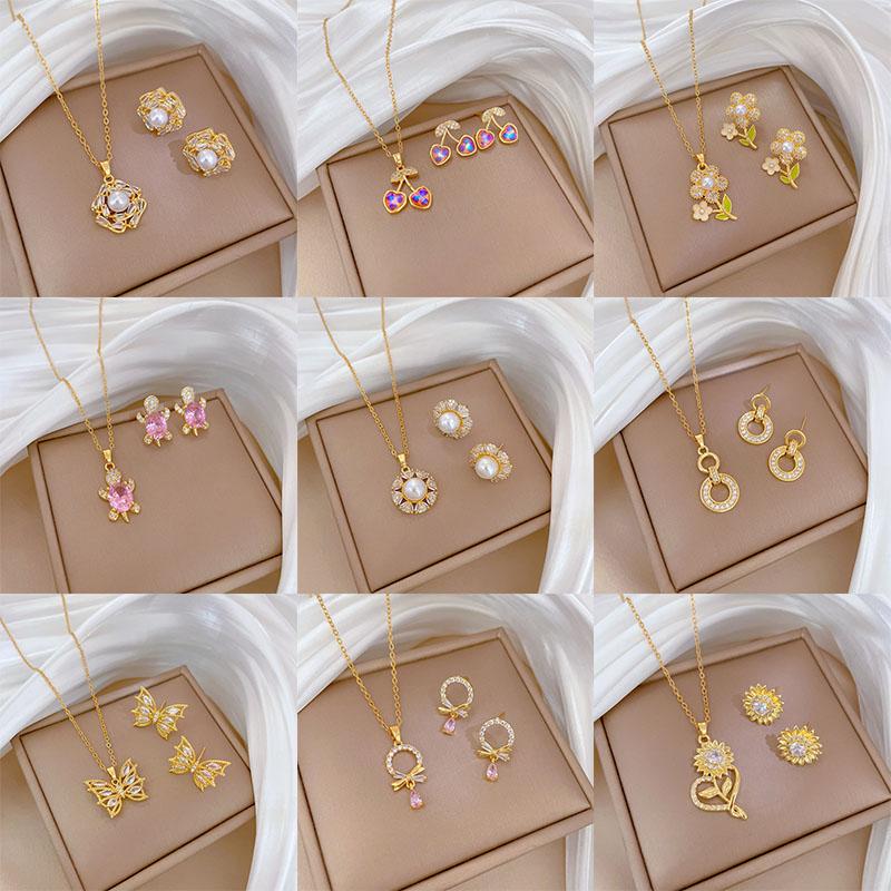 Light Luxury Cherry Flower Zircon Jewelry Sets Stainless Steel Chains Geometric Pendant Necklace Earrings Gifts For Women Girls