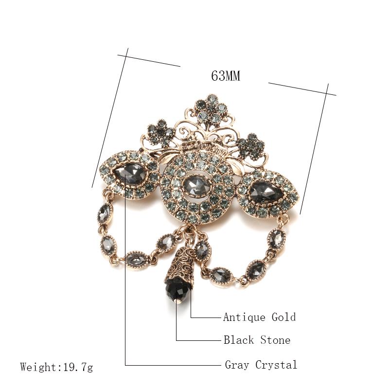 Fashion Boho Crown Brooch For Women Antique Gold Color Full Gray Crystal Moroccan Wedding Jewelry African Bridal Bijoux