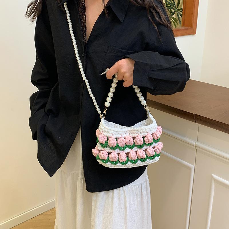 Tulip handmade DIY woven bag, cloth strip material bag, homemade pearl portable messenger bag, gift for girlfriend