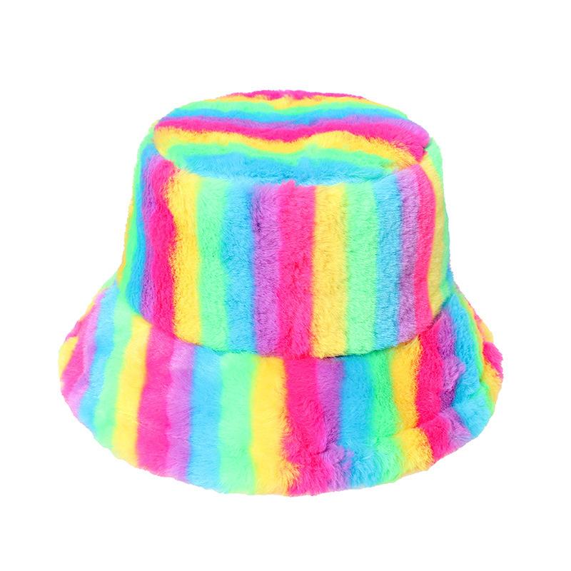 New Thermal Basin Hat Imitation Rabbit Hair Female Internet Celebrity Trend Female Colorful Rainbow Striped Bucket Hat Winter 2025