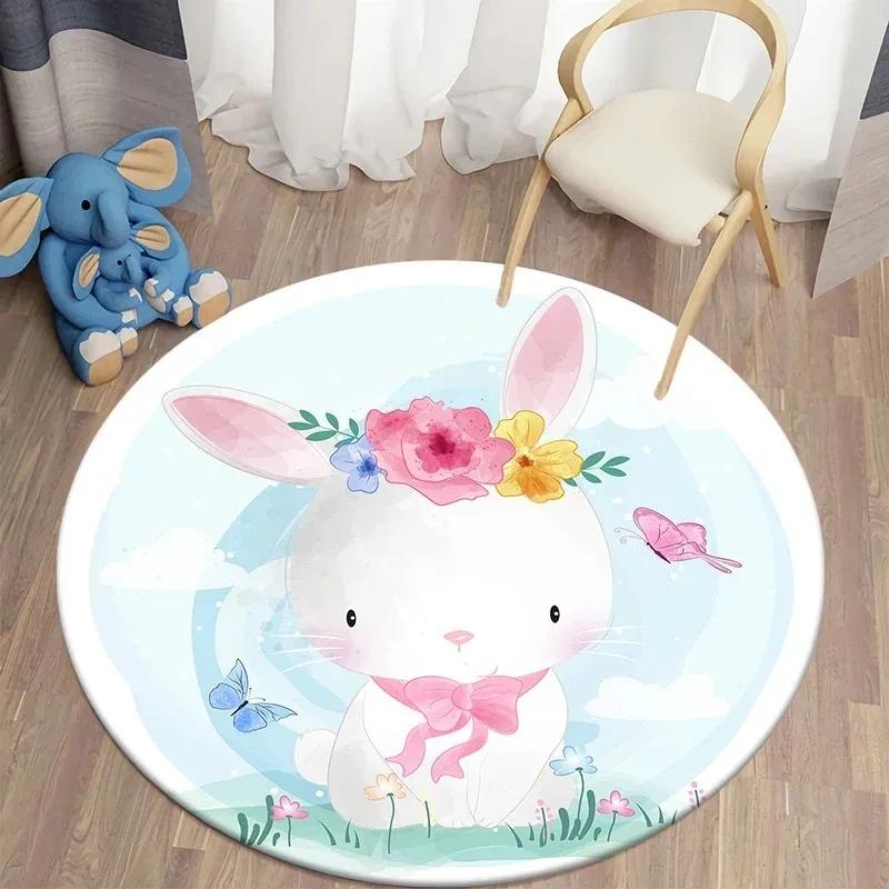 Cute Cartoon Animal Round Door Mat with Bunny Giraffe Fox Patterns Floor Mat for Kids Room Decor Adding Playful Charm