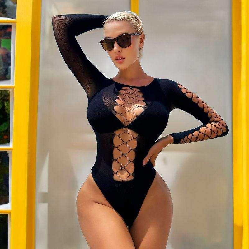 

Outfitgirl American Sexy Cut Out Free Size High Elasticity Black Tight Trousers Mesh Bodysuit Outwear Inner Wear Blouse Black One size