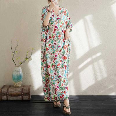 Letnia bawełniana i lniana drukowana luźna i prosta długa spódnica, spódnica damska cienka