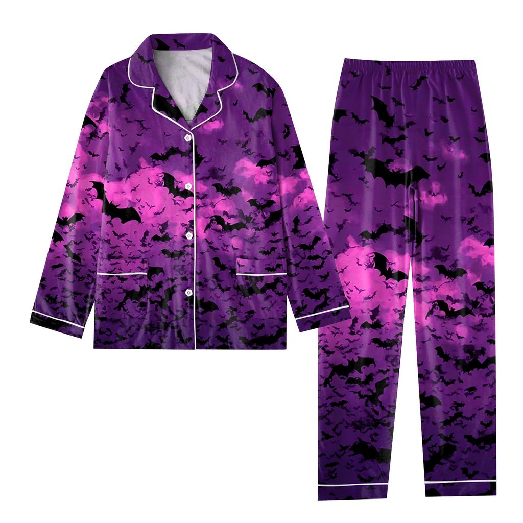 2-teiliger bedruckter Damen-Anzug, langärmelig, Oberteil mit Knopfleiste, weite Hosen, Anzug-Set, Schlafanzug, Home-Casual-Anzug