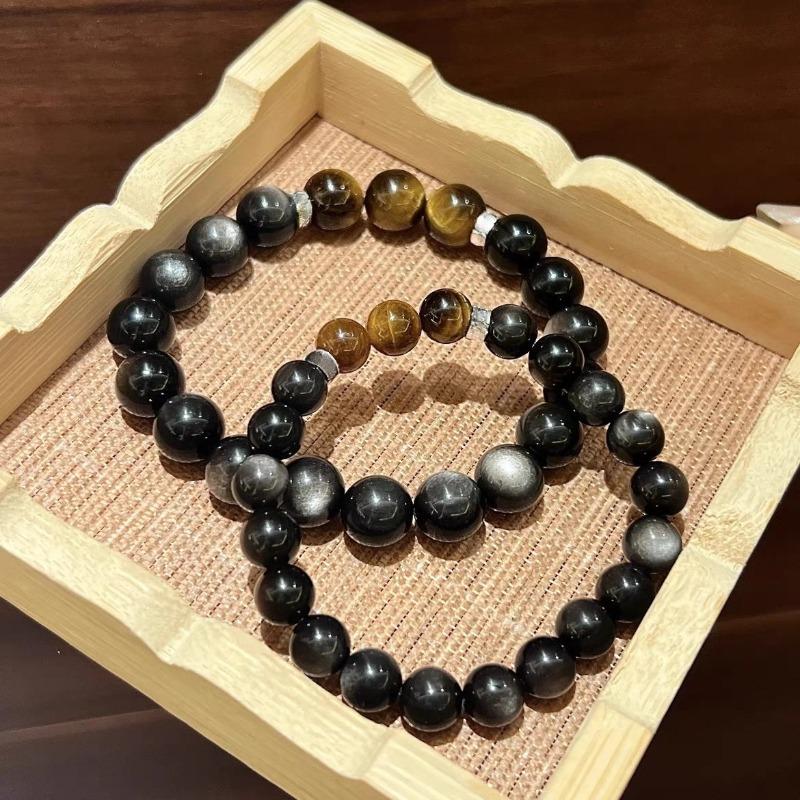 2026 New Obsidian Tiger Eye Stone Bead Bracelet Good Luck Crystal Transfer Bead Senior Couple Handstring Commemorative Token