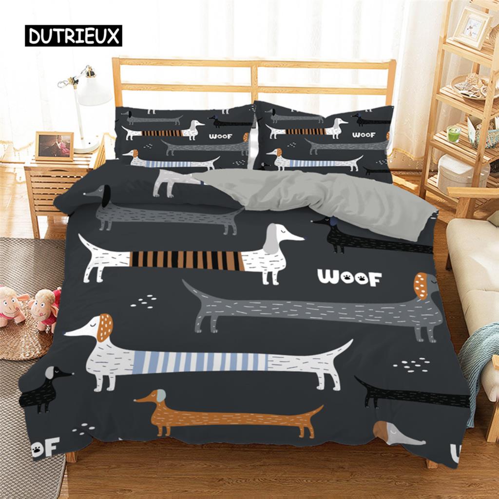 

Комплект постельного белья для собак такса, милый красочный пододеяльник с изображением щенка, стеганое одеяло из полиэстера с рисунком из мультфильма, домашний текстиль для собак King Queen EU single(135x200cm)