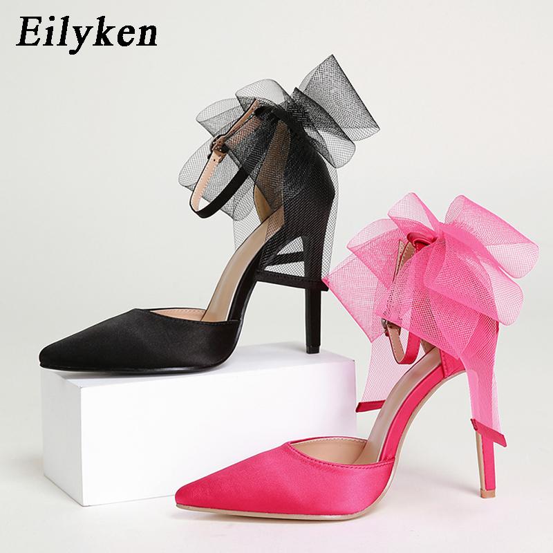 Fashion Eilyken New Style Pointed Toe Sandals Sexy Buckle Strap Cover Heel Women Spring Summer Mesh Butterfly-knot Wedding Pumps Shoes