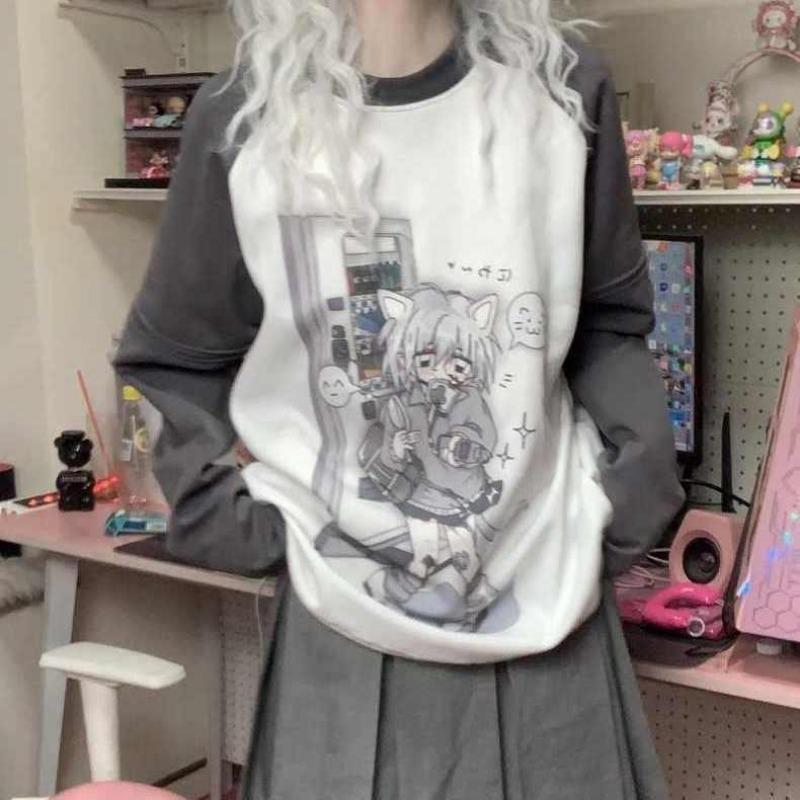 

2KWEIRD Y2k Эстетика Футболка со съемными рукавами Женская Каваи Принт кошки Гранж Топы Японский Харадзюку Футболка Фейрикор E-girl Уличная одежда XXL темно-серого