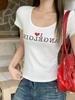 American Letter Love Printing U-neck Front Shoulder Short-sleeved T-shirt Women's Summer New Unique and Beautiful Small Top