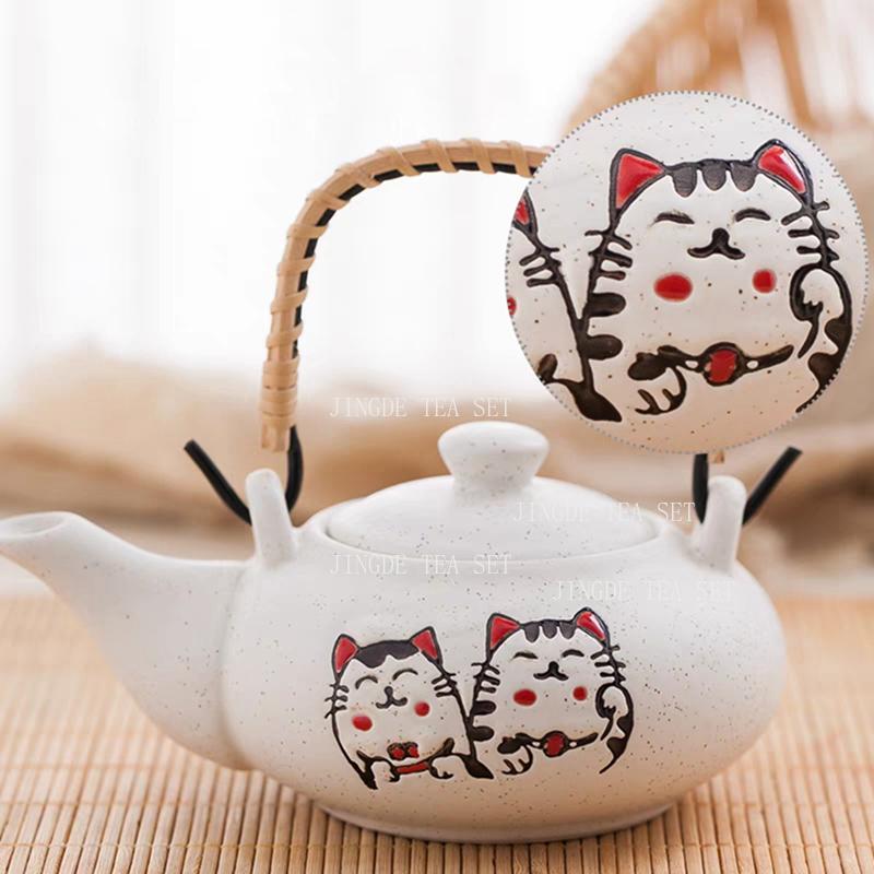 Ceramic Lucky Cat Teapot with One Pot and Four Cups Portable Chinese Kung Fu Tea Set