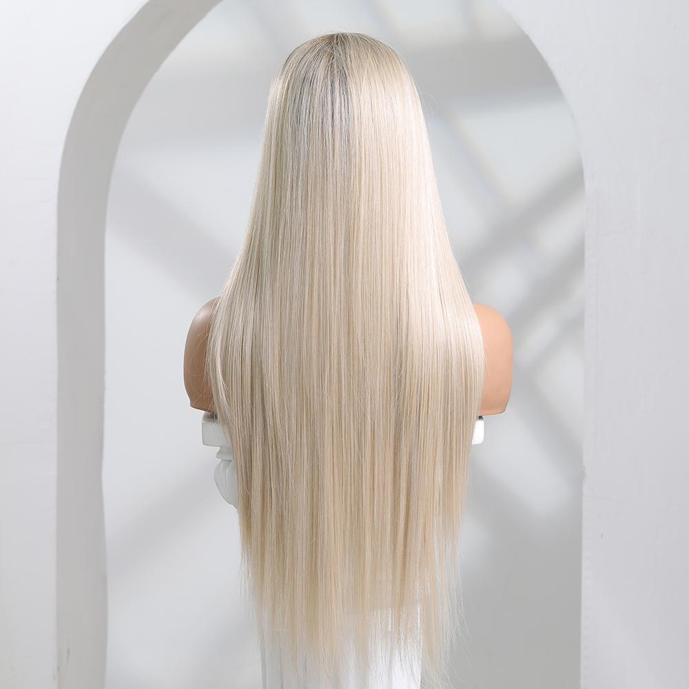 ALAN EATON Lange synthetische gerade Ombre Ash Platinum Blonde Lace Front Perücken für Frauen Cosplay Party High Density Hair Hitzebeständig